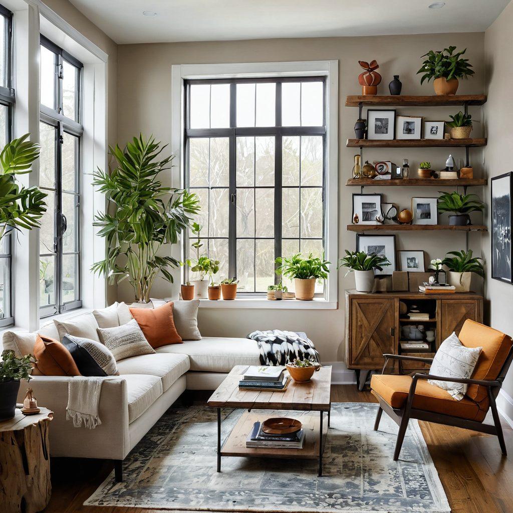 A beautifully transformed living room showcasing innovative home improvement techniques, featuring a mix of modern and rustic furniture, vibrant indoor plants, and eye-catching artwork. Bright natural light floods the room through large windows, emphasizing open space and clever design elements like floating shelves and a cozy reading nook. Elements like paint swatches and tools subtly integrated into the scene suggest DIY projects. warm colors. modern style. interior design inspiration.