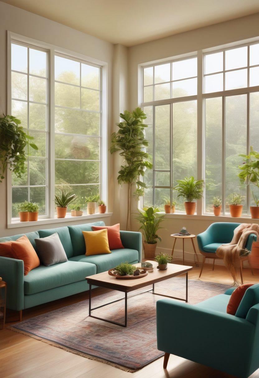 A serene living room scene showcasing a diverse group of people engaging in various household management activities, such as organizing, cleaning, and gardening. Soft sunlight filters through large windows, creating a warm atmosphere, with plants and modern furniture enhancing the inviting space. Include icons of technology like a tablet displaying a property management app. super-realistic. vibrant colors. cozy and inviting.