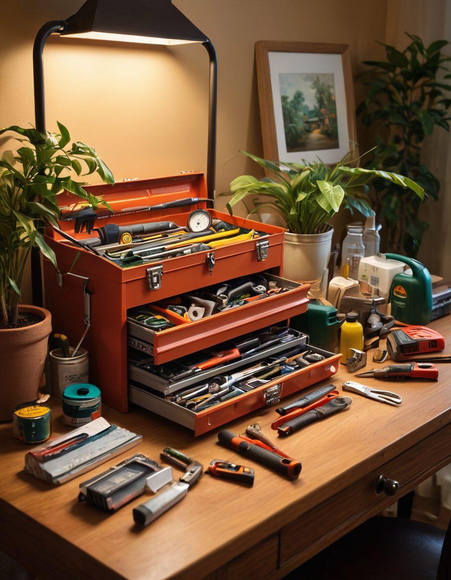 A cozy and well-organized home interior featuring a diverse range of essential tools and services for maintenance and improvement, such as a toolbox, cleaning supplies, plants for air quality, and service professionals at work. The scene should evoke a sense of tranquility and productivity, showcasing a blend of modern and classic home elements. Warm lighting and a welcoming atmosphere enhance the inviting feel. super-realistic. vibrant colors. soft focus.